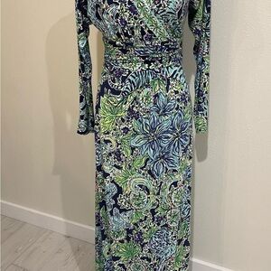 Lilly Pulitzer Blue Maxi Dress with V-Neck and Long Sleeves